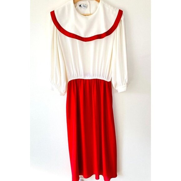Vintage Pierre Cardin Bib Collar Maxi Dress Womens Sz 14 White Red Modest Sheer - Picture 1 of 16